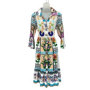 Parsley & Sage Women Button-Up Embroidery Floral Tiered Boho Dress Colorful Sz M